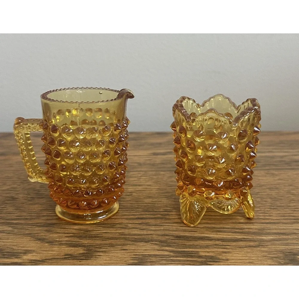 Fenton Amber Hobnail Creamer And Toothpick Holder Scalloped Edge VTG‎